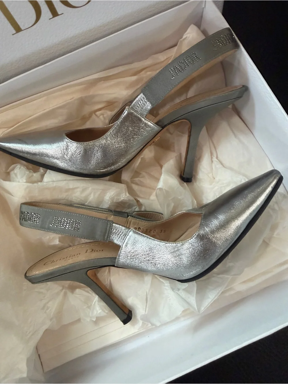 Dior Metallic Silver Pointed Slingback Heels